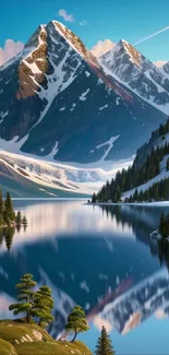 Serene mountain landscape with lake reflection and snow-capped peaks.