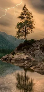 Mountain lake with lightning and stunning reflection.