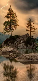 Lightning strikes over a serene mountain lake with trees and reflections.