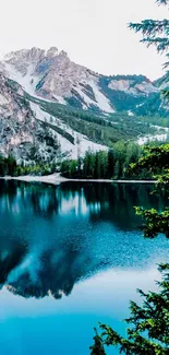 Scenic mountain lake with reflections and greenery in a tranquil setting.