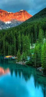 Tranquil mountain lake with forest and sunset reflection.