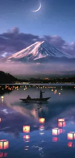 Mountain lake at night with lanterns and a starry sky.