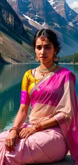 Woman in pink sari by a serene mountain lake with snow-capped peaks in the background.