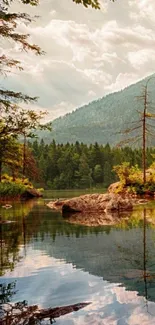 Serene mountain lake with forest reflections.