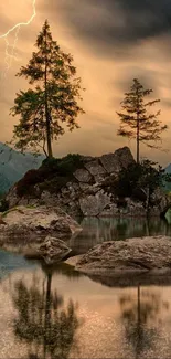 A tranquil mountain lake reflecting lush trees and a stormy sky with lightning.