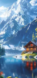 Wooden cabin by a serene mountain lake with snowcapped peaks.
