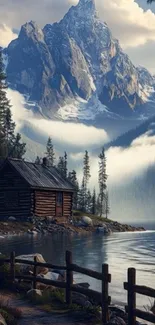 Mountain lake scene with cabin and misty peaks.
