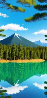 Serene mountain lake with pine forest and blue sky reflection.