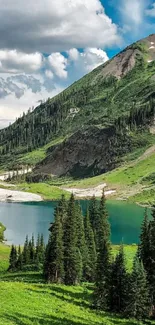 Serene mountain lake with lush greenery and clear blue sky, perfect for mobile wallpaper.