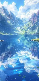 Serene mountain lake with reflections and vibrant landscape.