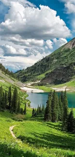Serene mountain lake with green slopes and blue sky.