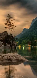 Mountain lake at sunset with serene reflections and dramatic skies.