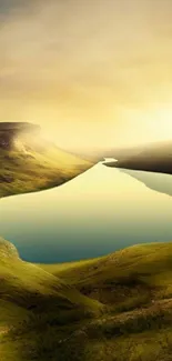 Serene landscape with a mountain lake at sunset.