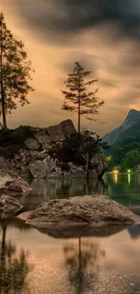 Tranquil mountain lake at sunset with dramatic skies and reflections.