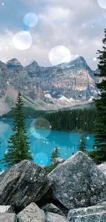 Serene turquoise lake with mountains and trees.