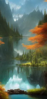 Serene mountain lake with autumn trees reflecting in tranquil water.