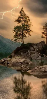 Tranquil mountain lake scene with lightning and lush trees at sunset.