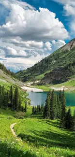 A tranquil mountain landscape with a serene lake and lush green valley.