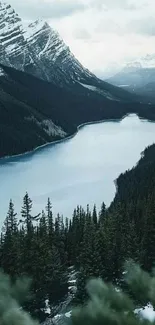 Serene mountain lake with snow-capped peaks and lush forests.