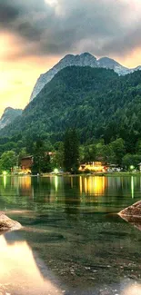 Serene mountain lake with lush greenery and a peaceful sky reflection.