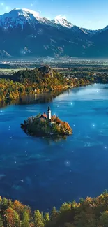 Serene mountain lake with autumnal forest and distant snow-capped peaks.