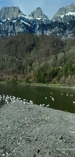 Serene lake with snow-capped mountains and lush forests.