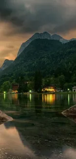 Serene mountain lake with lush forest and reflections under dramatic skies.