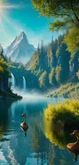 Ducks swimming in a serene mountain lake with a cascading waterfall.