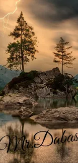 Serene mountain lake view with trees and dramatic sky reflections.