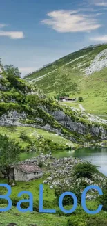 Serene mountain lake with lush green hills under a blue sky.