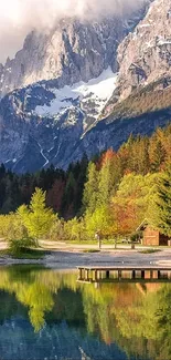 Peaceful autumn mountain scene with lake reflection.