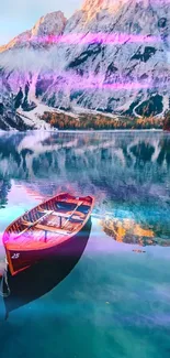 Serene mountain lake scene with boat and snowy peaks.