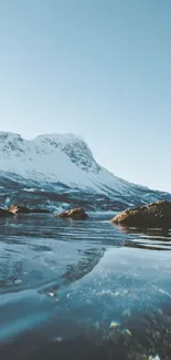 Snow-capped mountain reflected in a serene lake under a clear sky.