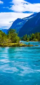 Tranquil mountain lake with lush greenery and clear blue water.