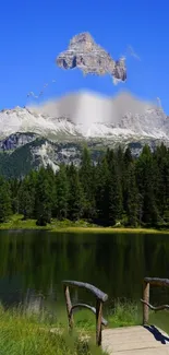 Serene mountain lake with lush forests and clear blue sky.