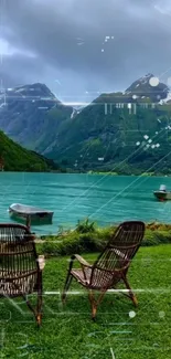 Serene mountain lake view with chairs and boats in the foreground.