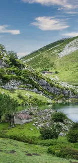 Serene mountain lake with lush greenery and peaceful sky.