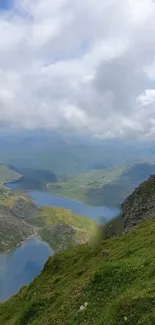 A breathtaking view of a mountain lake surrounded by lush greenery under a cloudy sky.