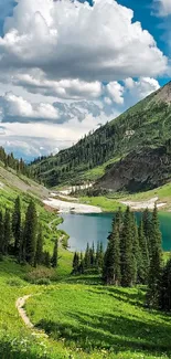 Stunning mountain lake with lush greenery and clear blue skies.