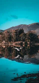 Serene lake with mountain reflection under turquoise sky.