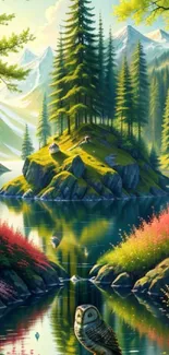 A serene mountain landscape with a lake, trees, and an owl in the foreground.