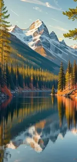 Mountain lake with forest reflections under blue sky.