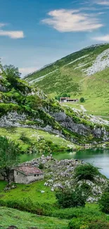 Lush green mountains and serene lake view.