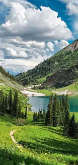 Serene view of a mountain lake with lush greenery and blue skies.