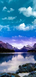 Tranquil mountain lake under a blue sky.