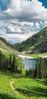 Serene mountain landscape with a lake and forest trail