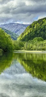 Mountain lake with lush green forests reflecting on calm water.