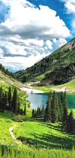 Serene mountain landscape with a lake and lush green valley.