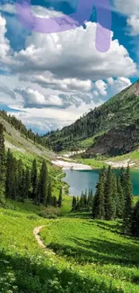 Serene mountain lake with lush greenery and vibrant sky.