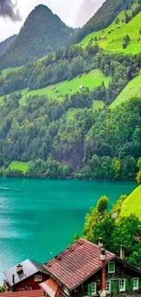 Scenic view of a serene mountain lake with lush greenery.